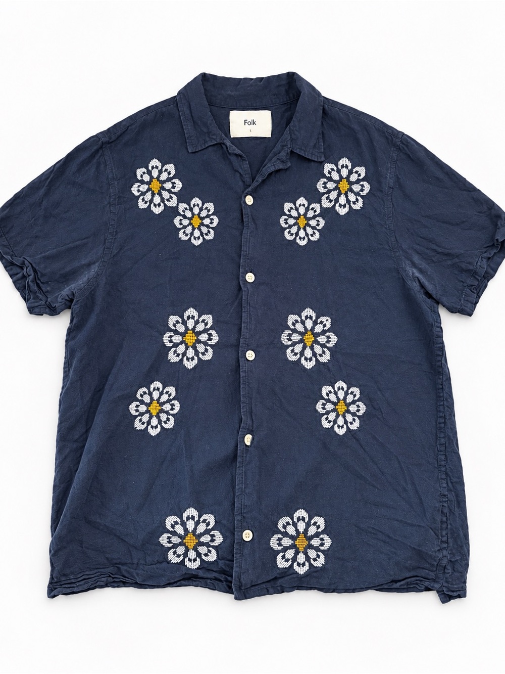 Folk Men’s L Navy Floral Embroidered Short Sleeve Button-Up Shirt